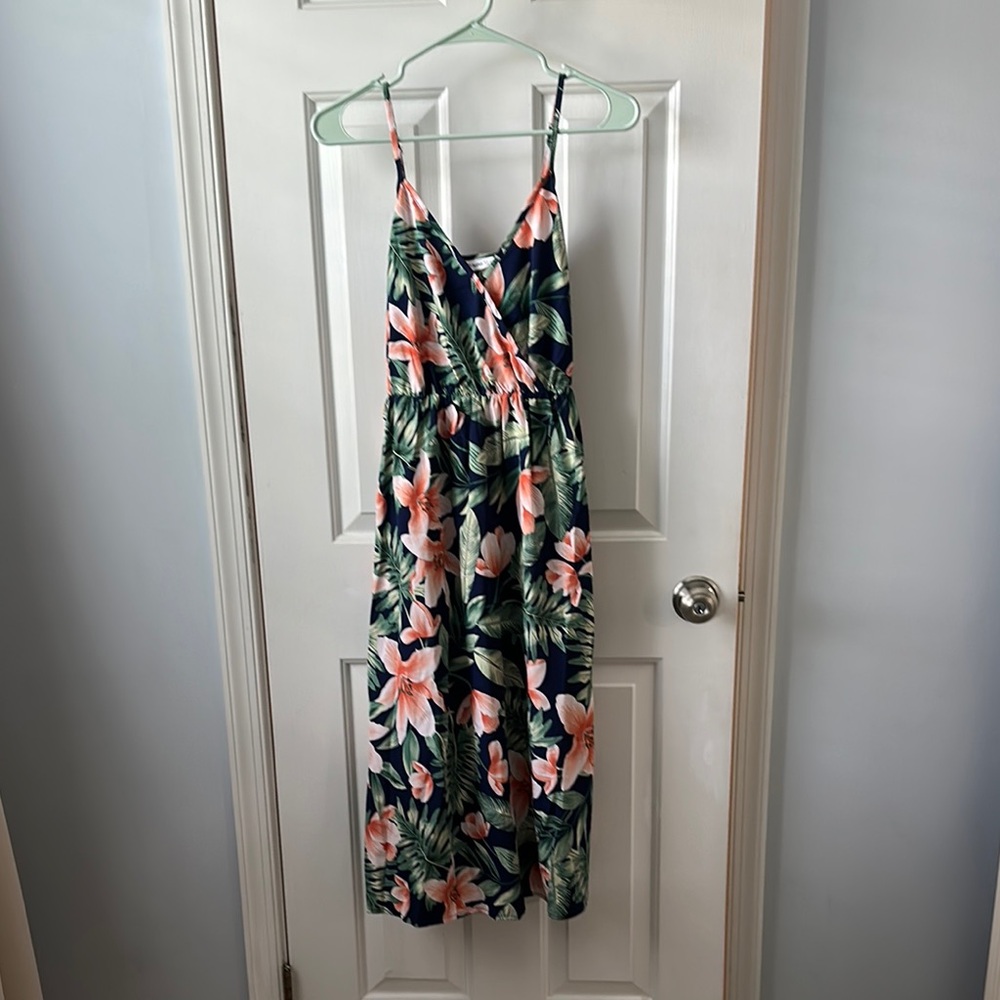 PatPat Navy Dress with Peach and Green Floral Design